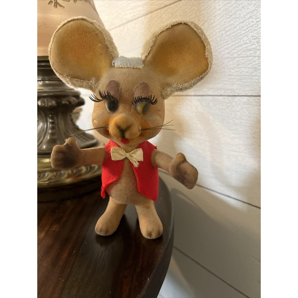 Vintage Flocked Big Ear Mouse 6.5in Doll Figurine 60's MCM Bradley Hong‎ Kong